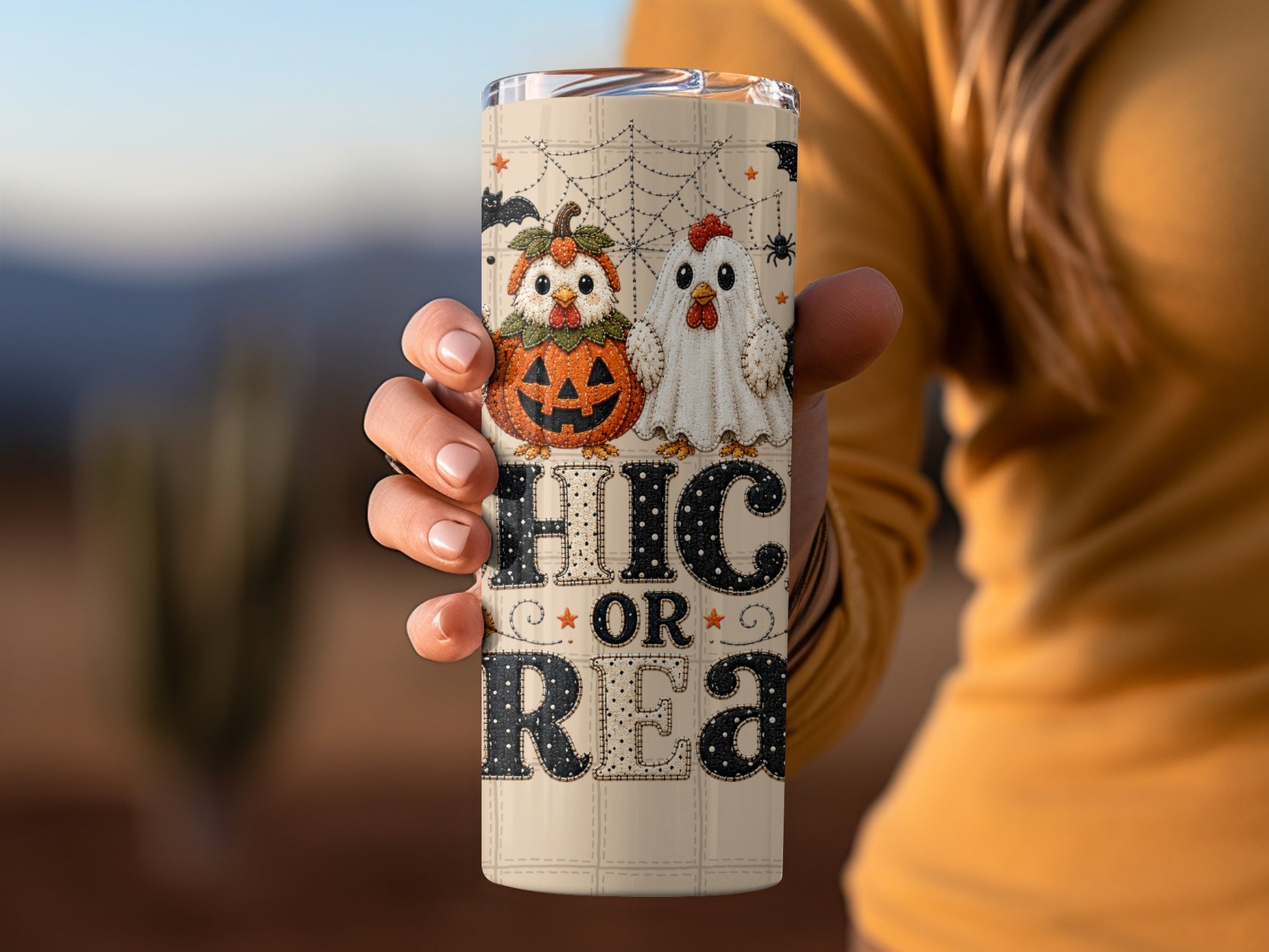 Tumbler with chickens dressed as a pumpkin and ghost, text says "HIC OR REA".