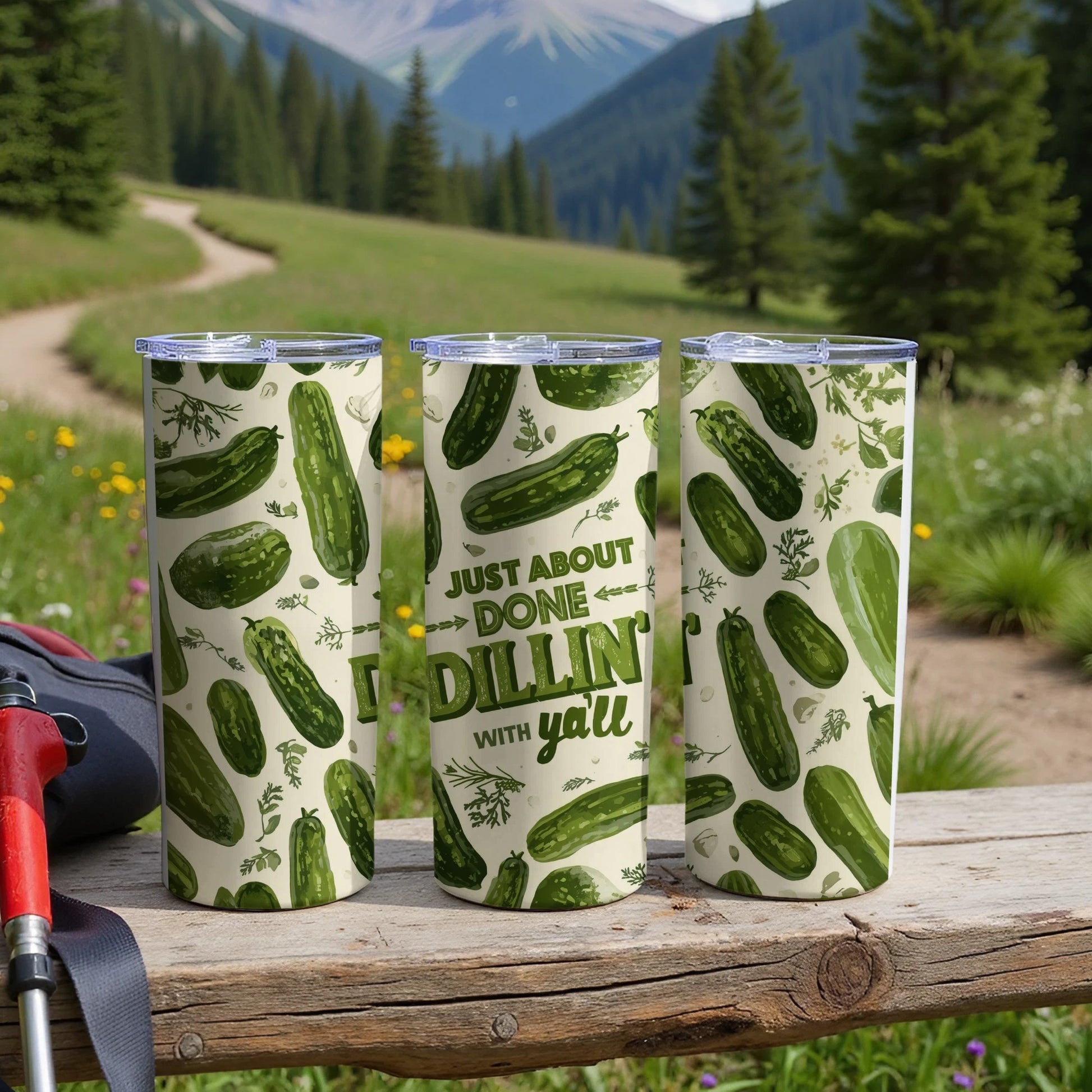 Three tumblers with a dill pickle pattern and "Just About Dillin' With You" text.