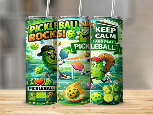 Pickleball tumbler with cartoon pickles playing pickleball.