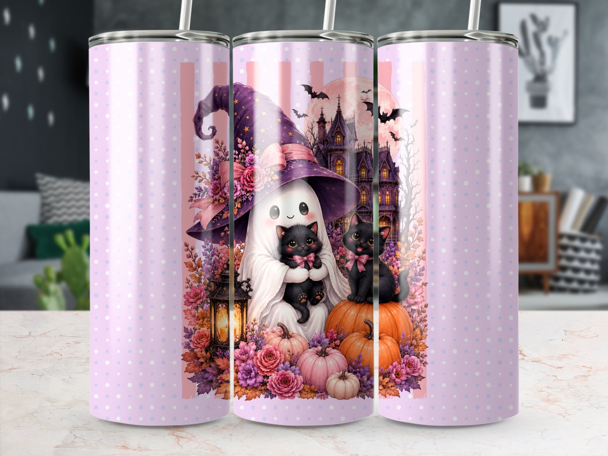 Ghost with witch hat holding black kitten, surrounded by pumpkins and flowers.