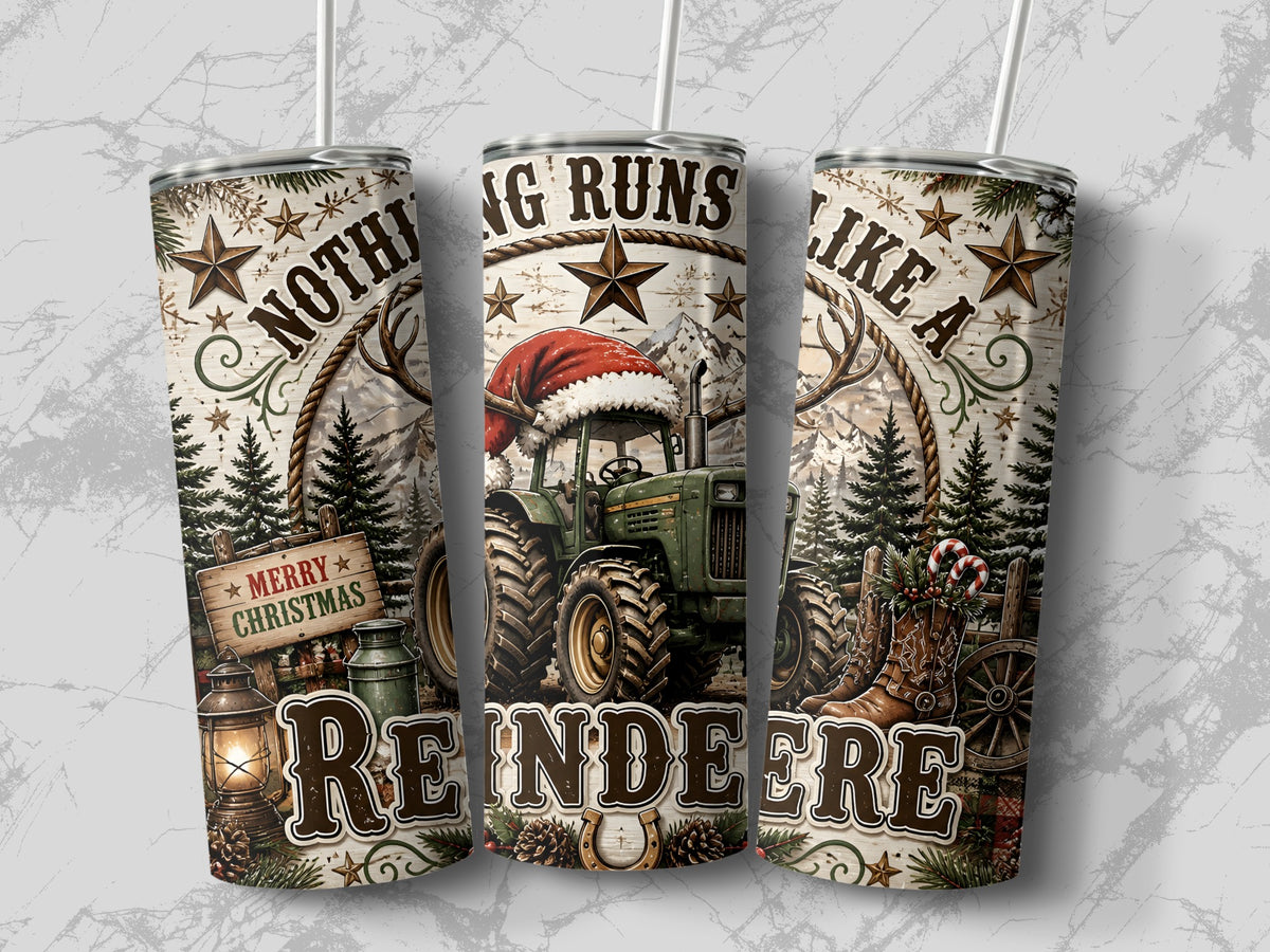 Three stainless steel tumblers with straws, featuring a Christmas tractor design and the text Nothing Runs Like a Reindeer.