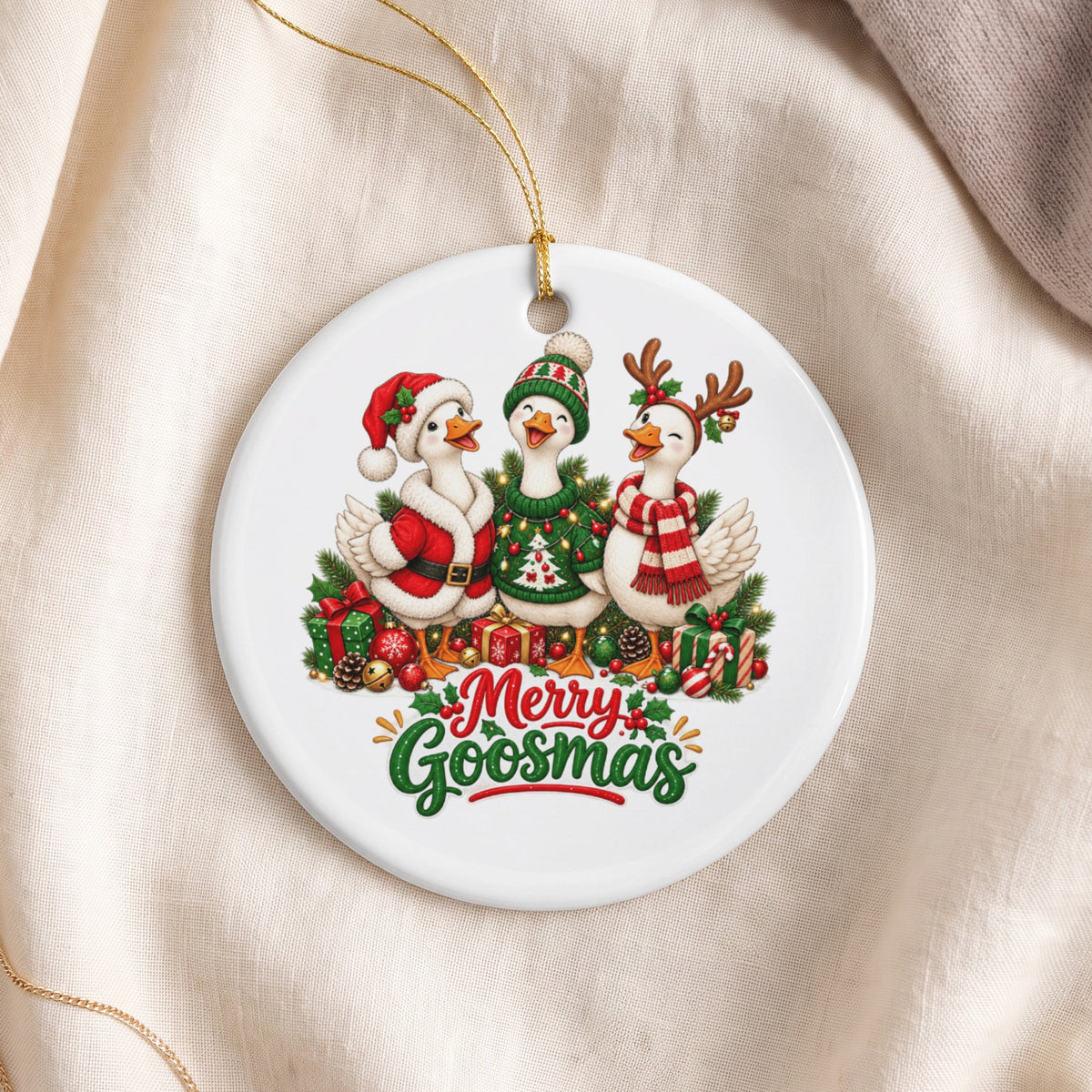 Three cartoon geese in festive Christmas attire with "Merry Goosmas" text.