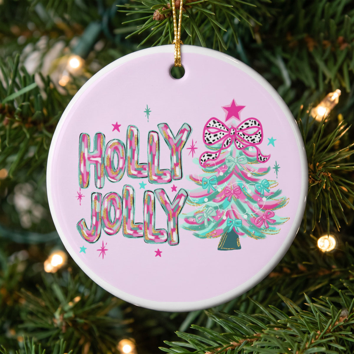 Round ornament with "HOLLY JOLLY" text and a festive decorated Christmas tree.