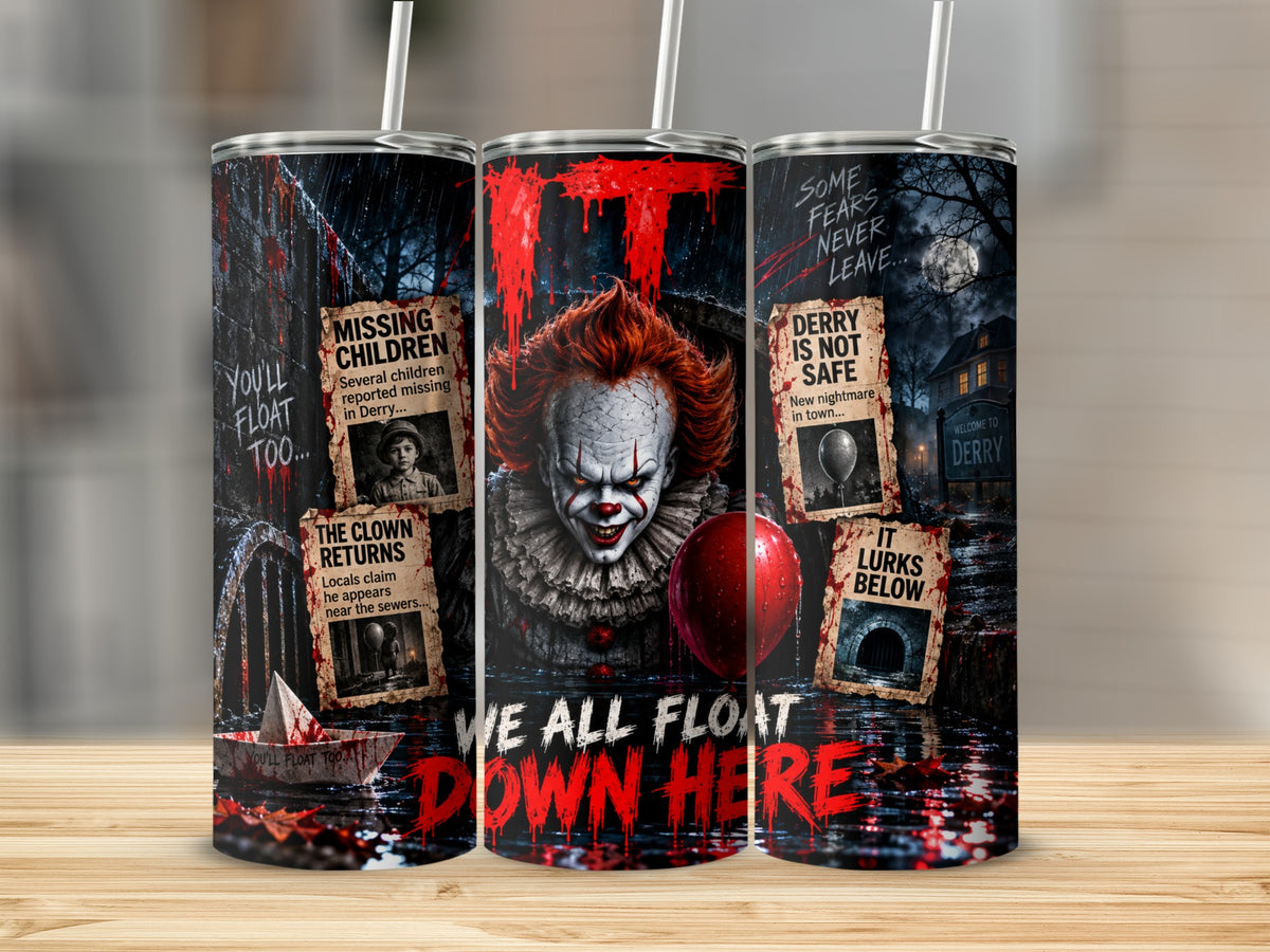 Three steel tumblers featuring horror-themed It graphics with Pennywise, missing children flyers, and bloody text.