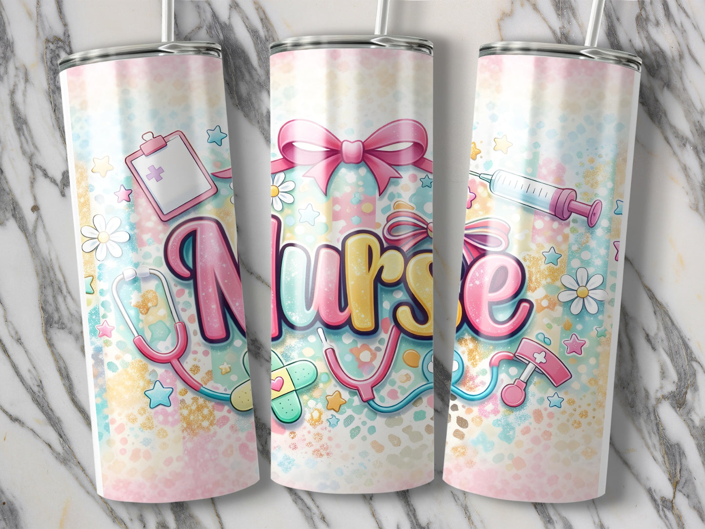 Nurse-themed tumbler with stethoscope, syringe, clipboard, and floral accents.