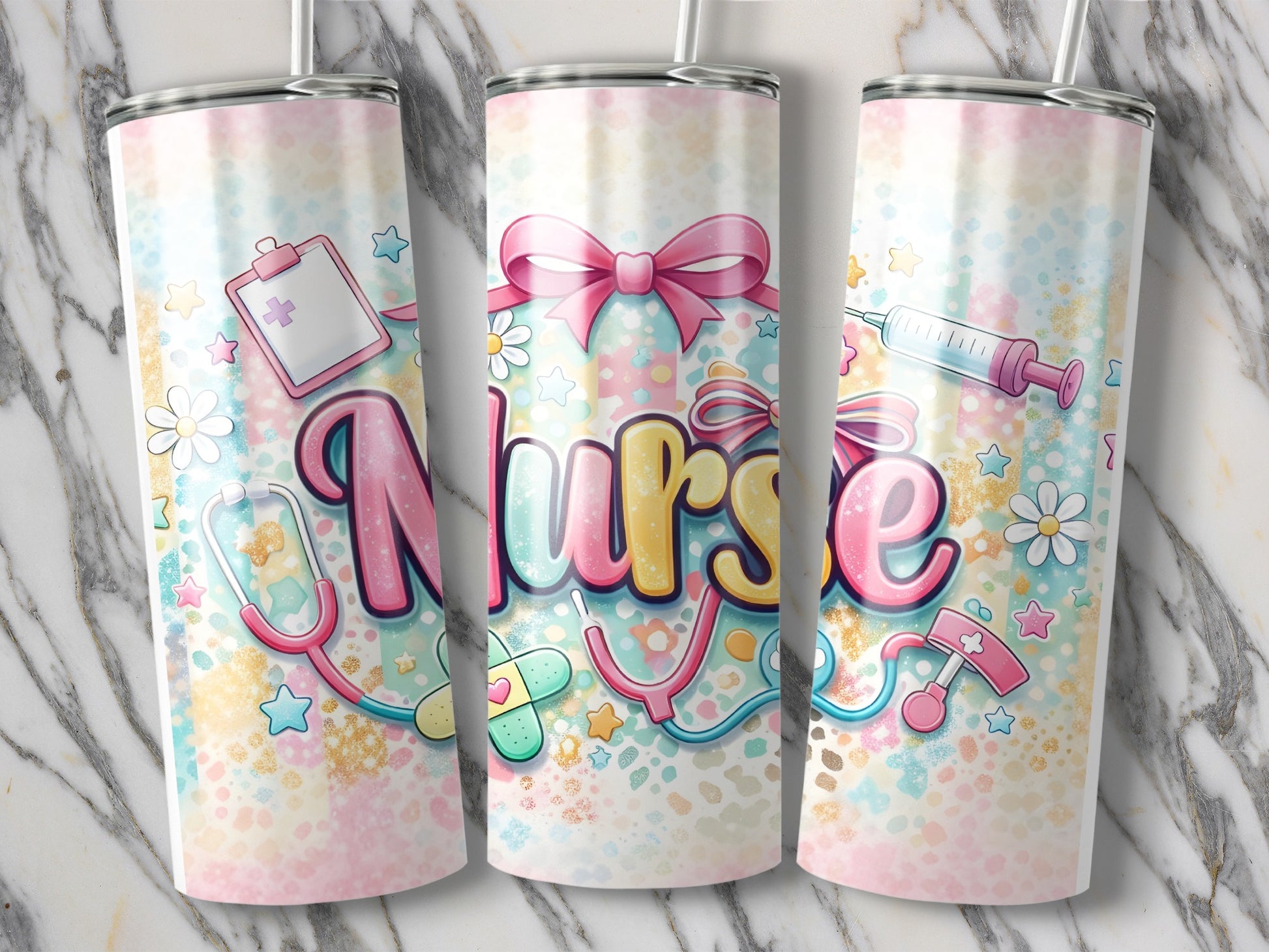 Nurse-themed tumbler with stethoscope, syringe, clipboard, and floral accents.