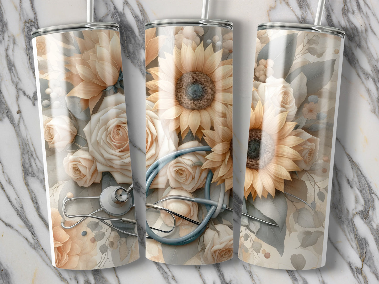 Three tumblers featuring sunflowers, roses, and a stethoscope on a marble background.