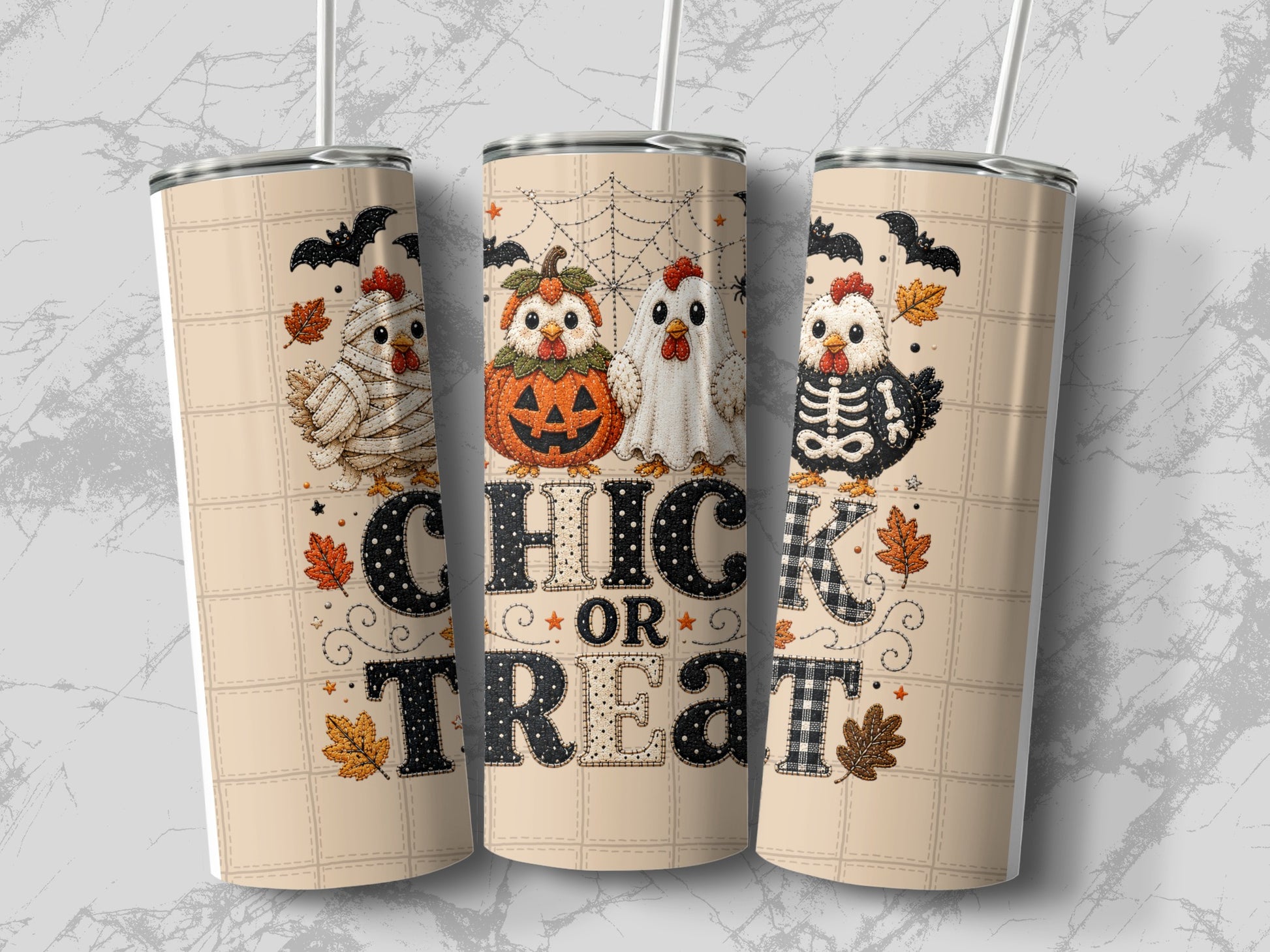 Three tumblers with Halloween chicken designs and "CHICK OR TREAT" text.