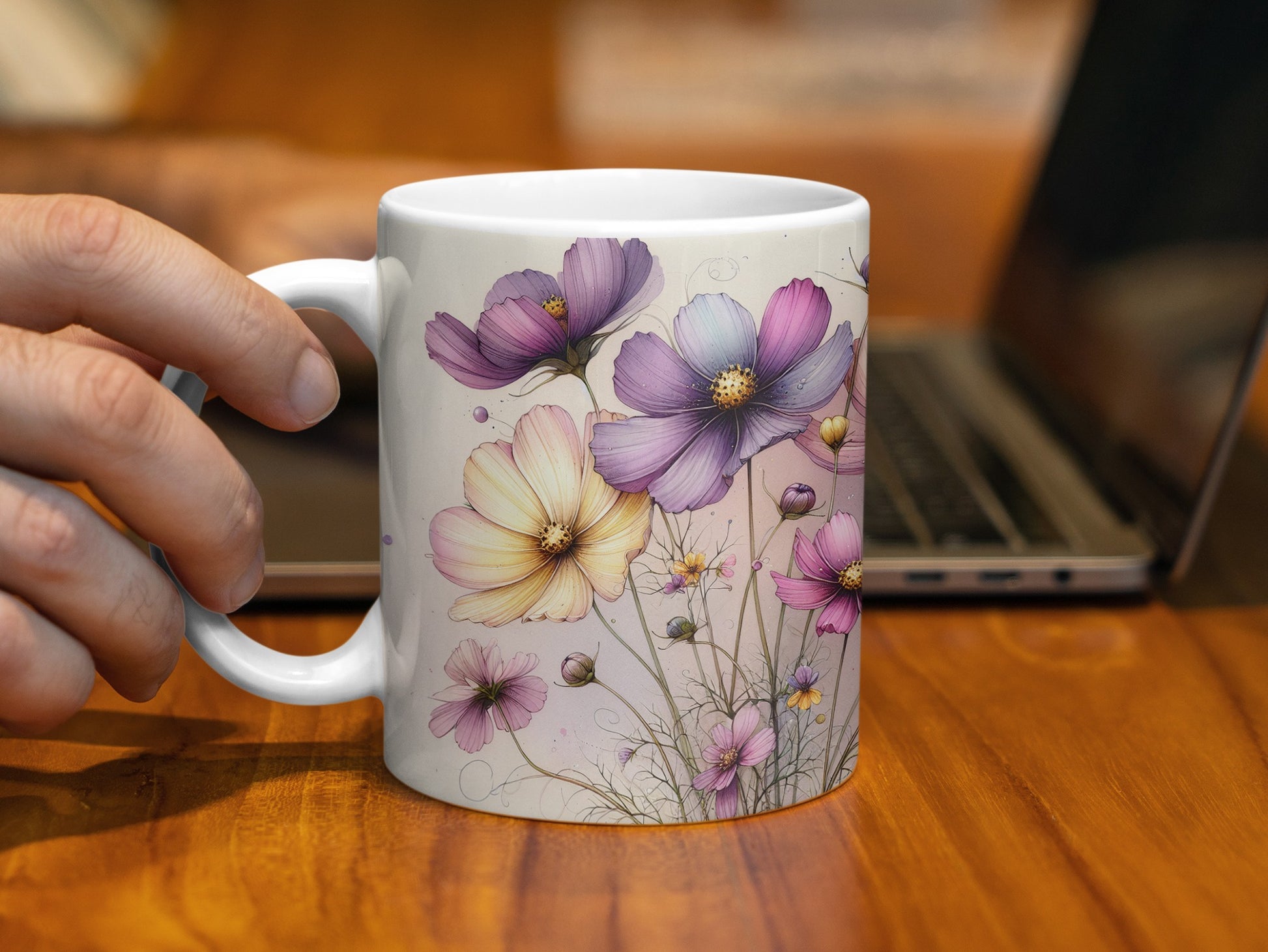 Watercolor Cosmos Flowers Design Elegant Mug product type
Mug, Coffee Cup, Tea Cup, Drinkware, Floral, Cosmos, Flowers, Botanical, Watercolor, Blossoms, Garden, Nature, Bloom, Petals, Purple, Pink, Yellow, Gift, Decorative, Aesthetic