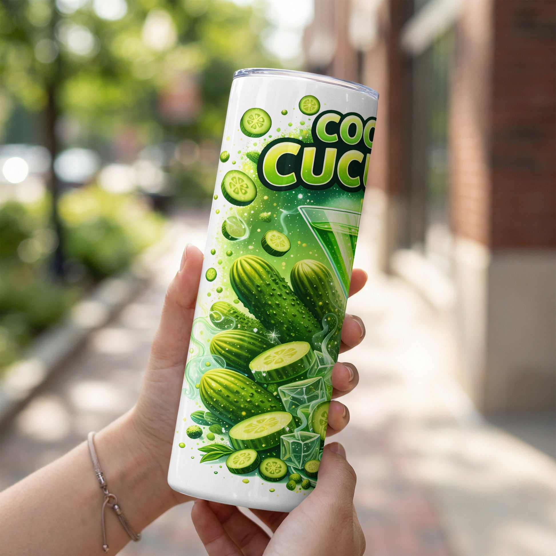 Cool Cucumber tumbler with cucumber slices, ice, and lime garnish.