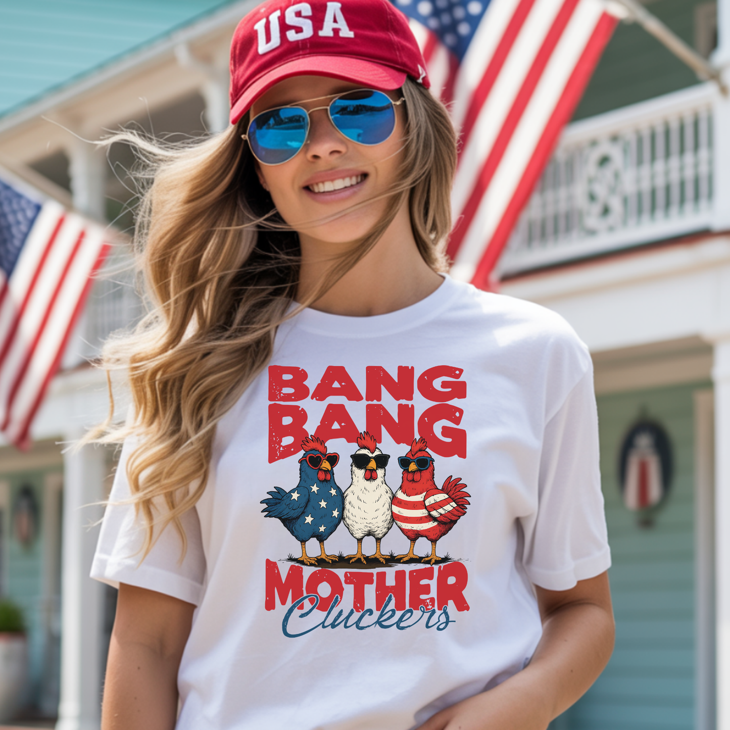 Bang Bang Mother Cluckers Funny 4th of July T-Shirt - Red Text Edition