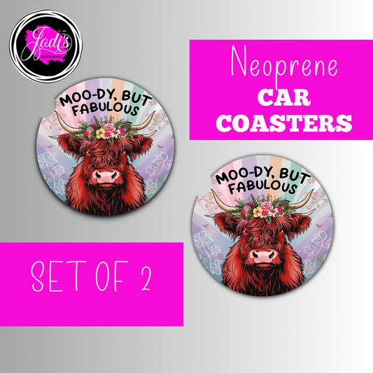 Neoprene Car Coasters – "Moo-dy, But Fabulous" | Set of 2