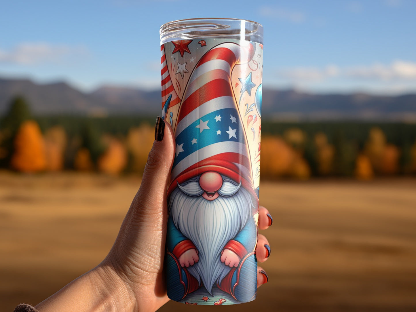 Gnome tumbler with American flag hat, stars, and patriotic design.
