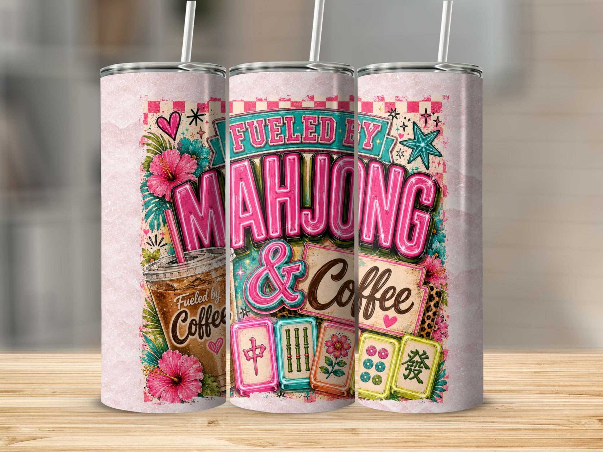 Tumbler with "Fueled by Mahjong & Coffee" text, coffee cup, and mahjong tiles.