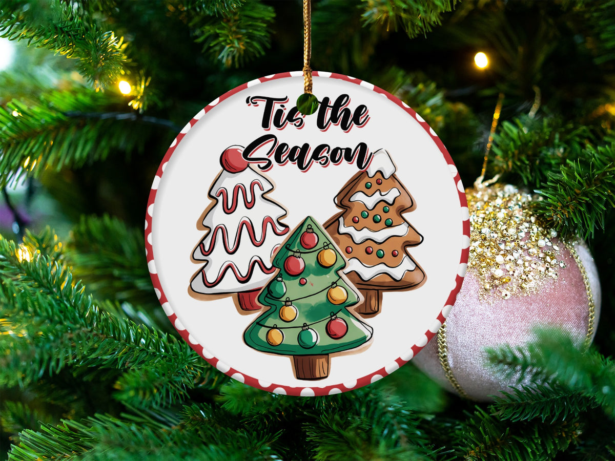 Christmas ornament with three decorated trees and "Tis the Season" text.