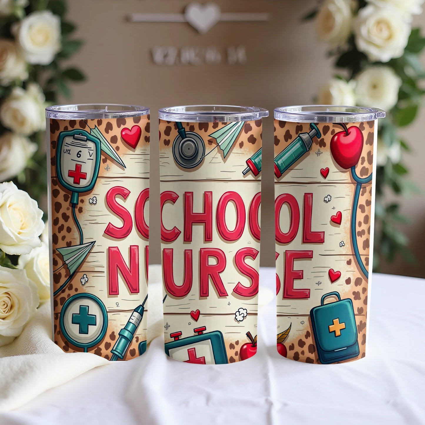 Three tumblers featuring "School Nurse" text, medical icons, and leopard print.