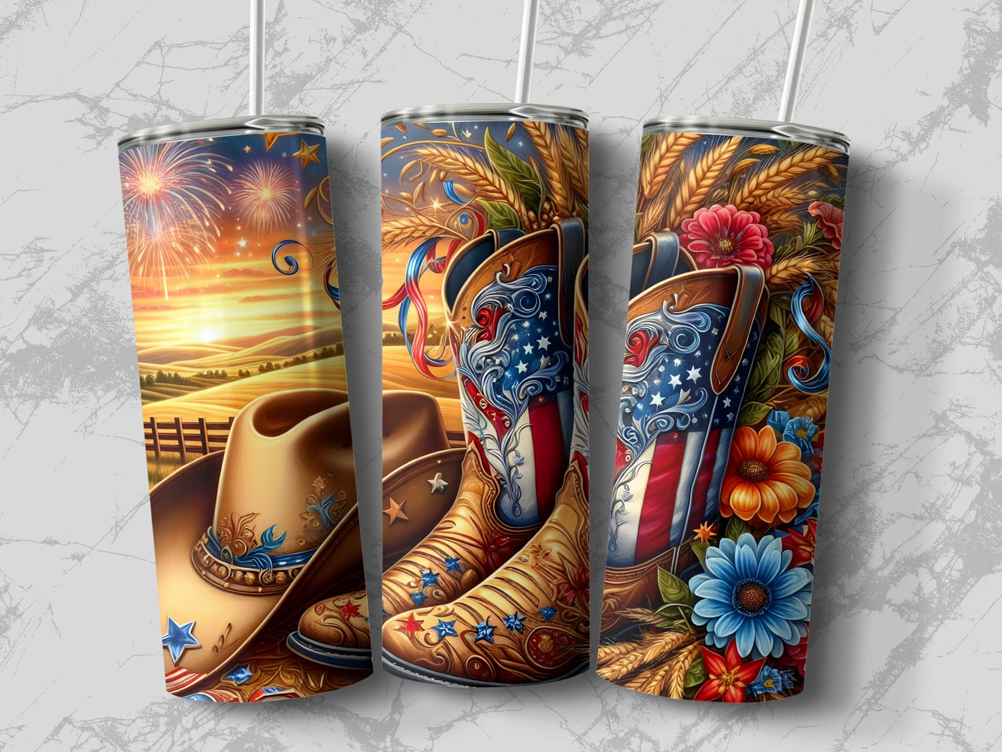 Cowboy hat and boots with American flag design and fireworks.