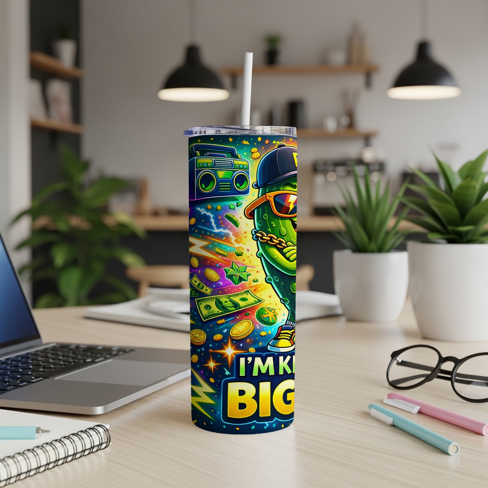 Green cartoon pickle character on a tumbler, wearing sunglasses and a baseball cap, surrounded by money.