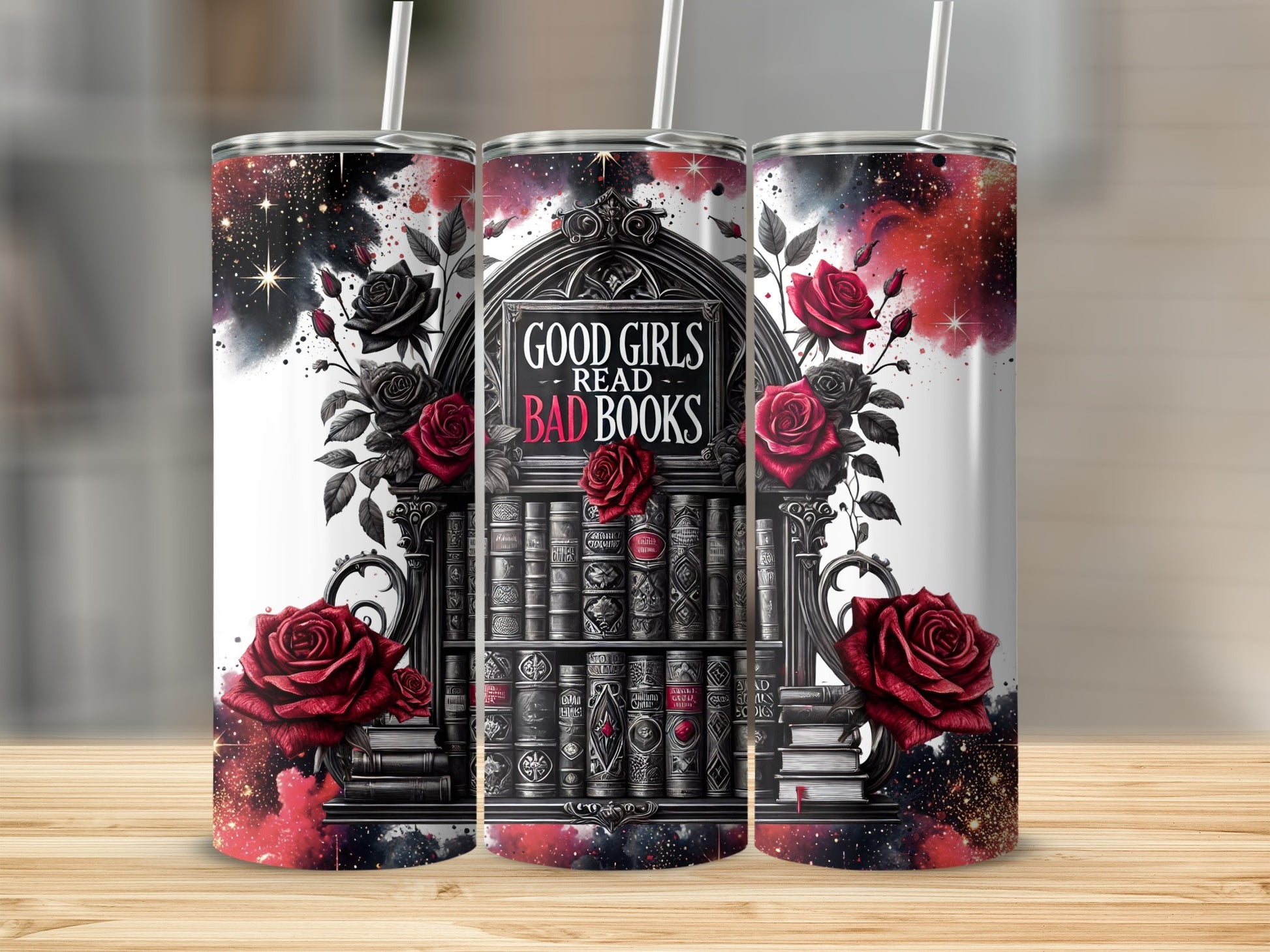 Tumbler with bookshelf design, red roses, and "Good Girls Read Bad Books" text.