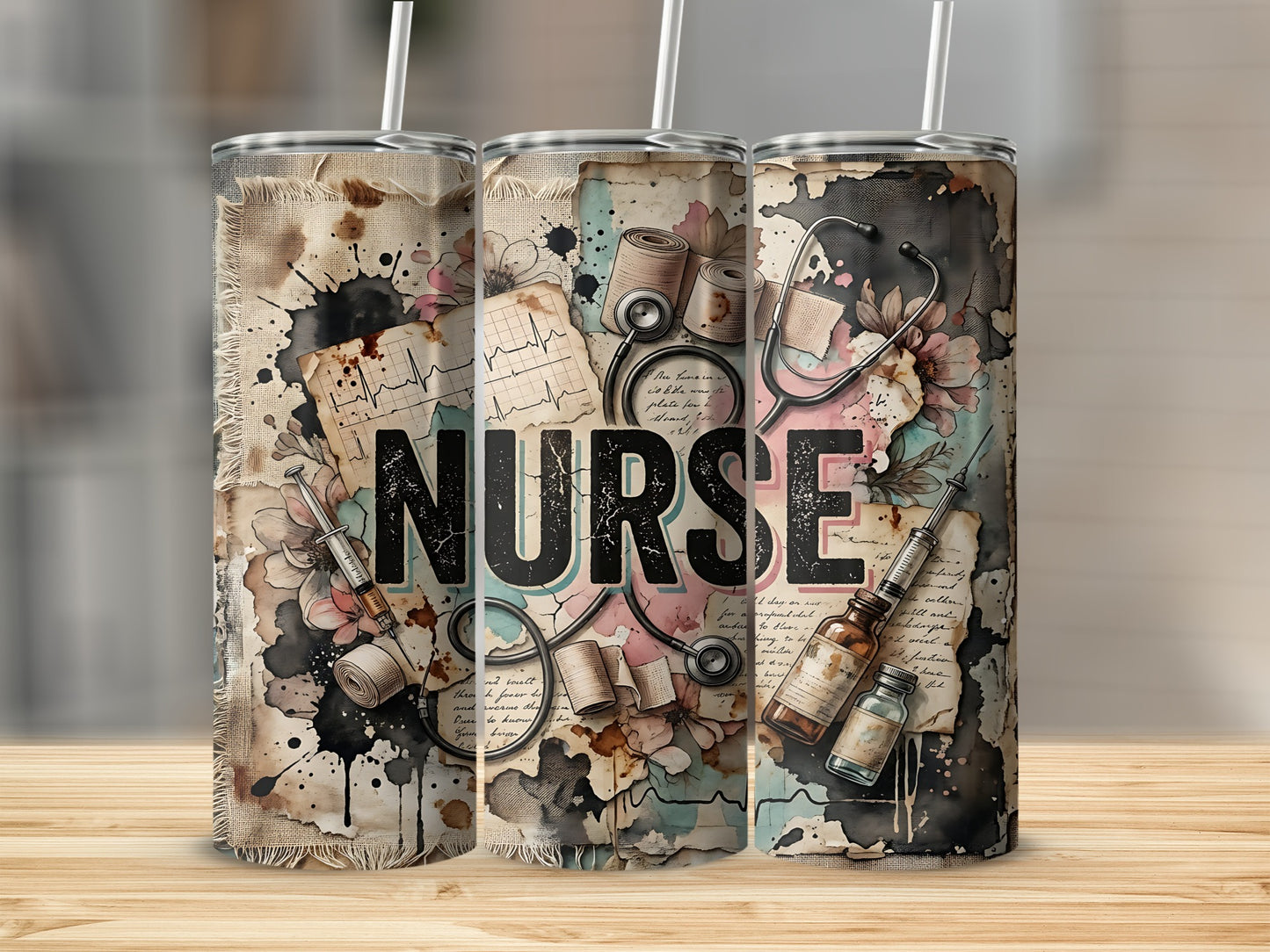 NURSE tumbler with medical stethoscope, EKG, and vintage paper designs.