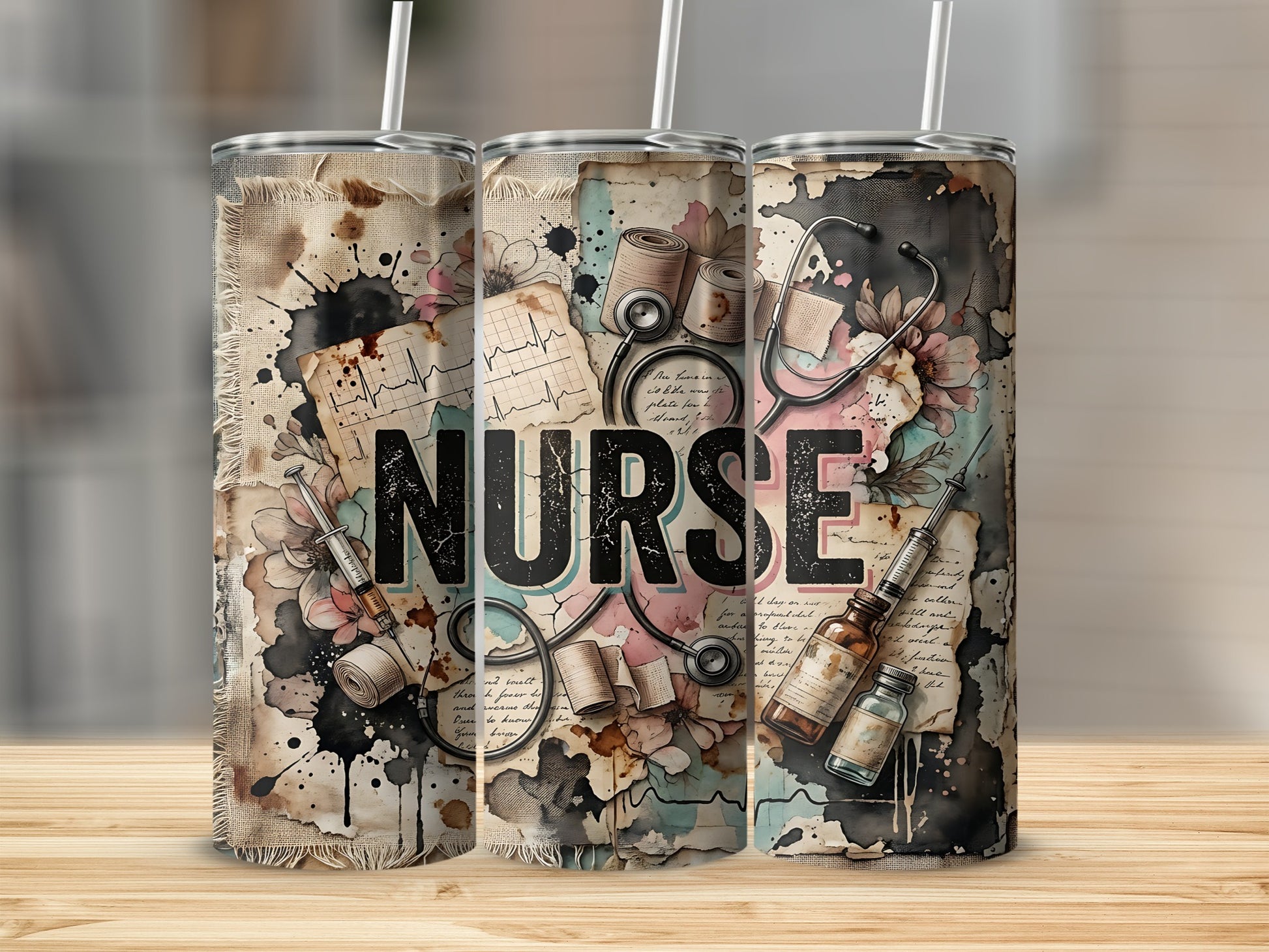 NURSE tumbler with medical stethoscope, EKG, and vintage paper designs.
