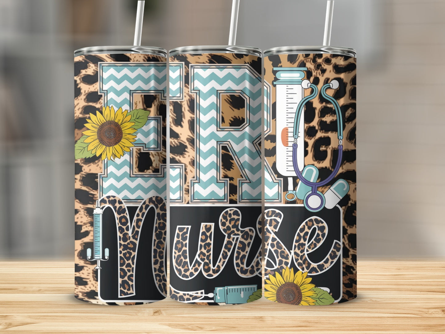 Three tumblers feature a cheetah print design with "ER Nurse" text and medical icons.