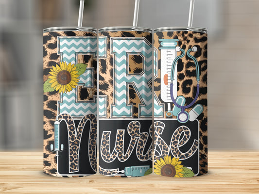 Tumbler with leopard print, sunflowers, and medical icons with "ER Nurse" text.