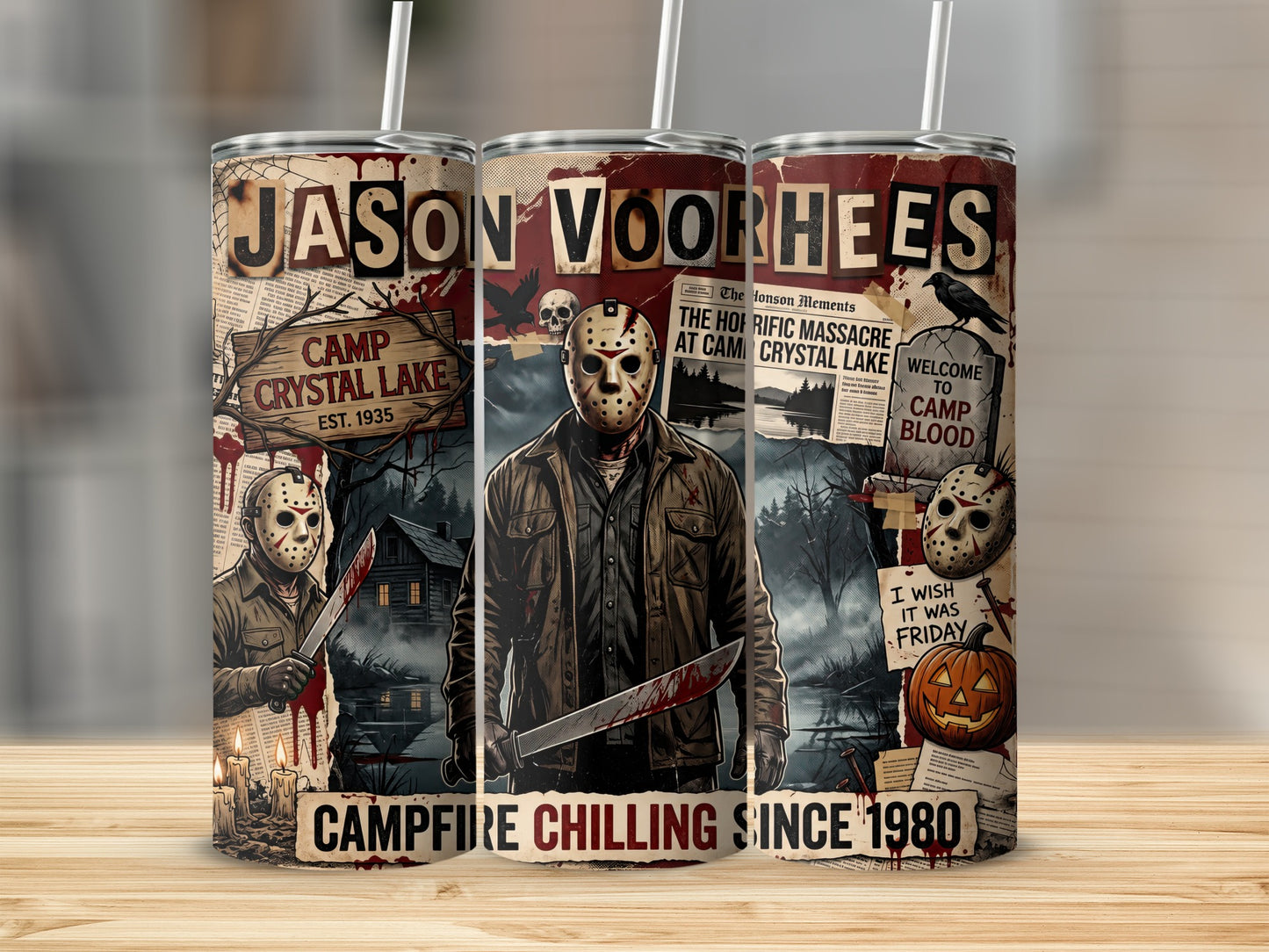 Jason Voorhees graphic with Camp Crystal Lake and "Campfire Chilling Since 1980" text.