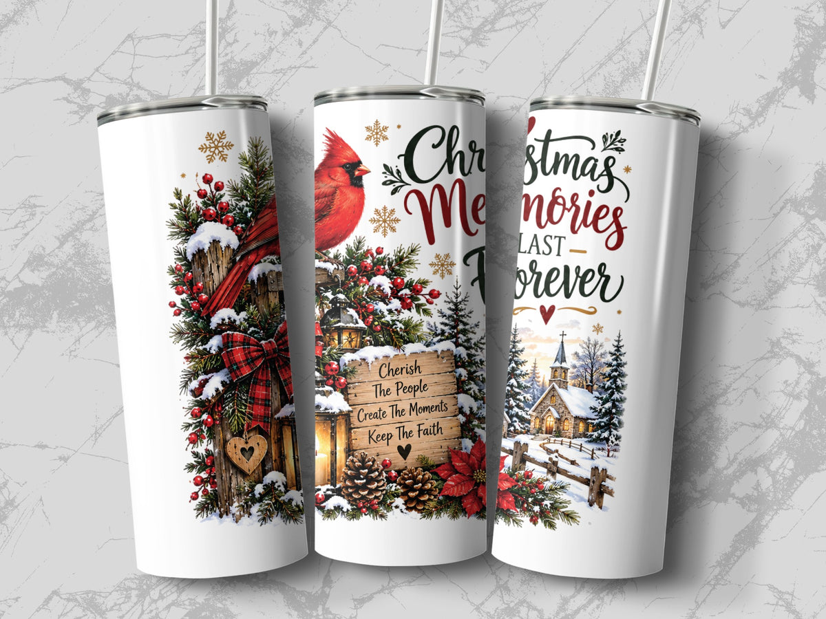 Three insulated tumblers with lids and straws display Christmas graphics, including cardinals, snowy pine trees, and text.