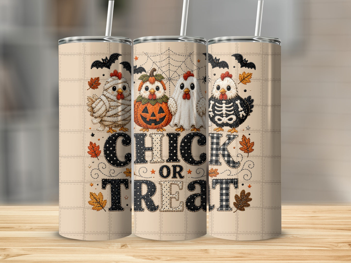 Three tumblers showing Halloween chicks dressed as a mummy, skeleton, and ghost.