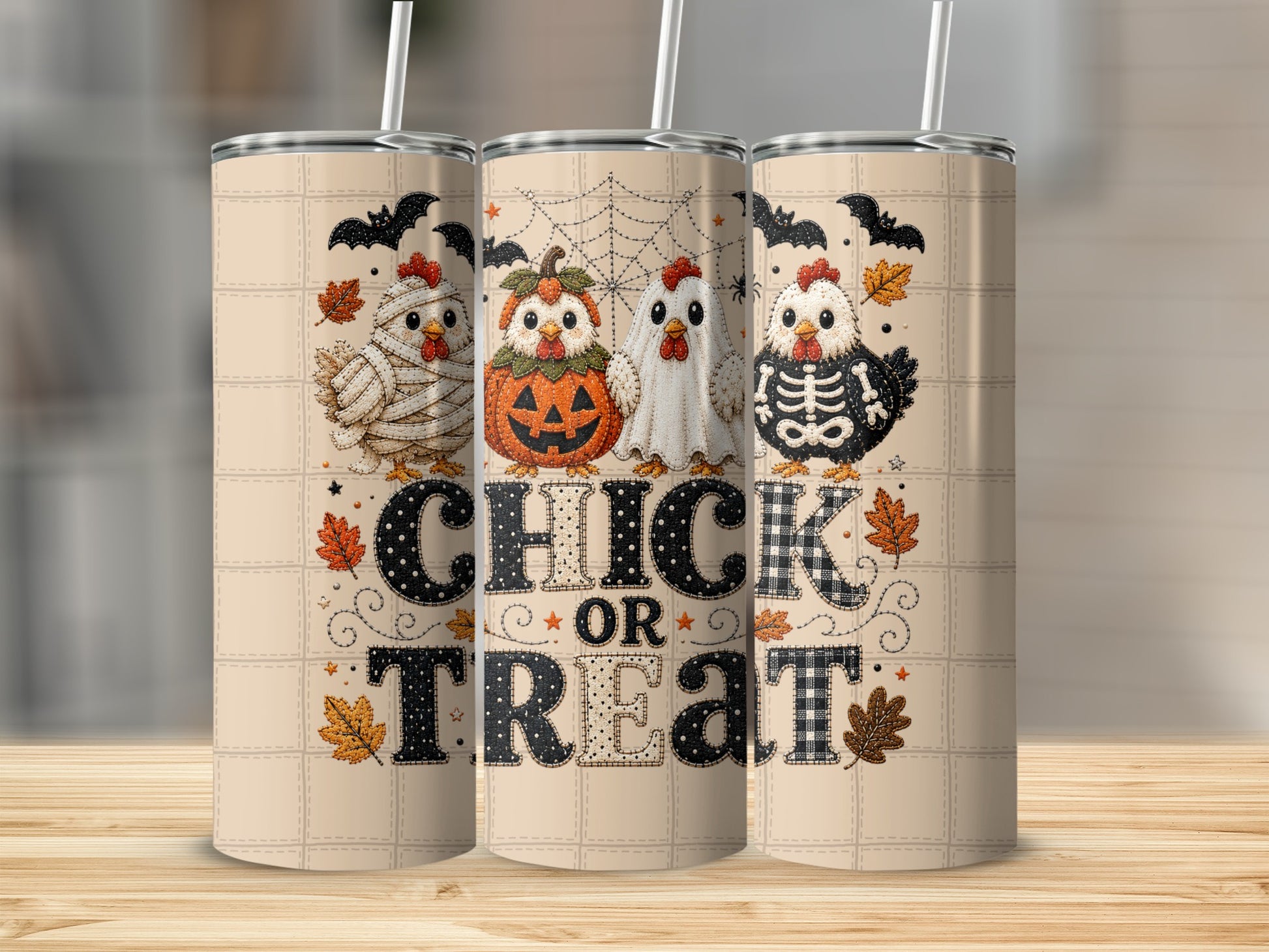 Three tumblers showing Halloween chicks dressed as a mummy, skeleton, and ghost.