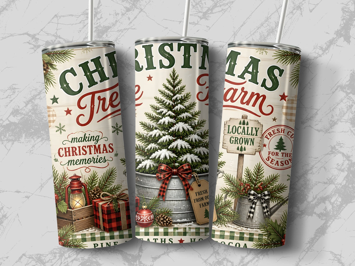 Three tall tumblers with straws, featuring a vintage Christmas tree farm design with text, pine branches, and red plaid accents.