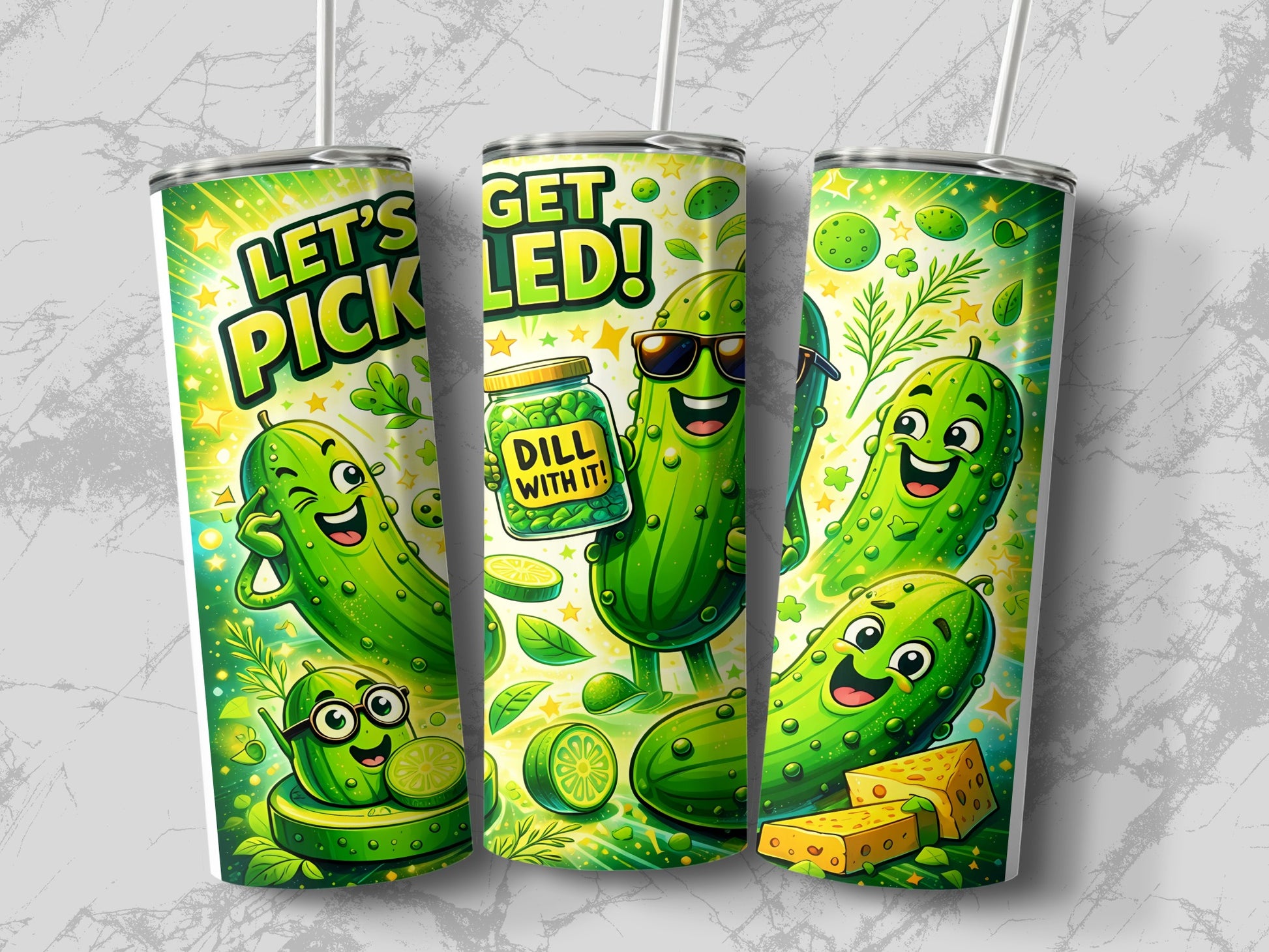 Three tumblers featuring cartoon pickles with sunglasses and dill jars.
