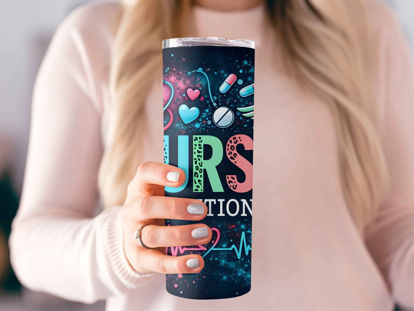Tumbler with "NURSE" text and medical icons: heart, pills, stethoscope.
