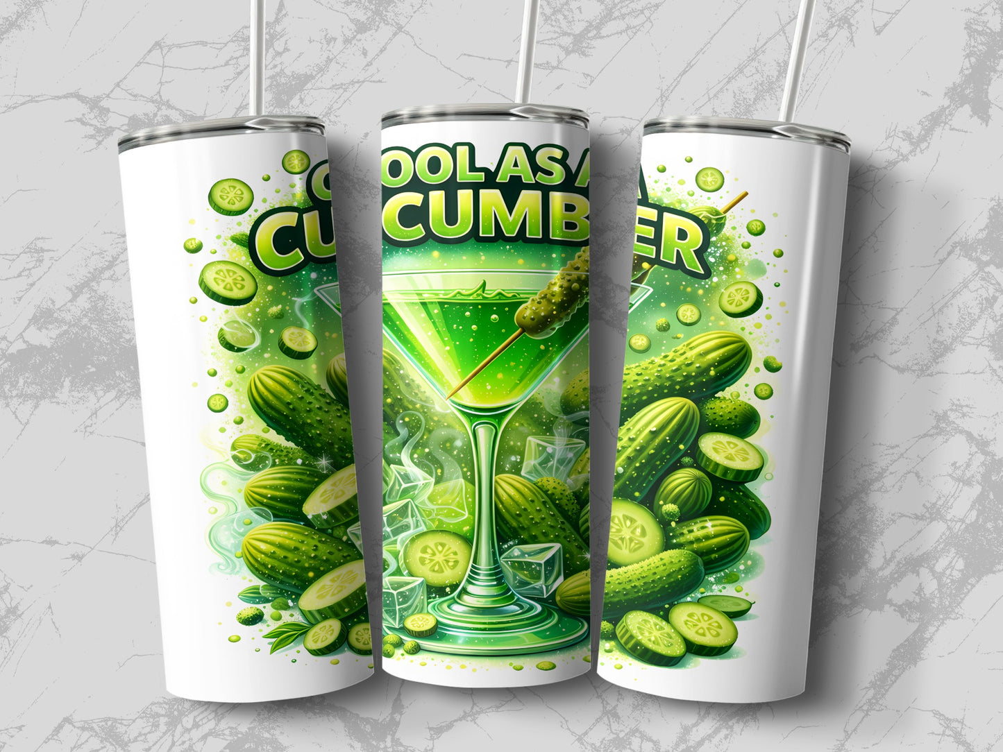 Three tumblers featuring a cocktail glass with cucumber slices and a green drink.