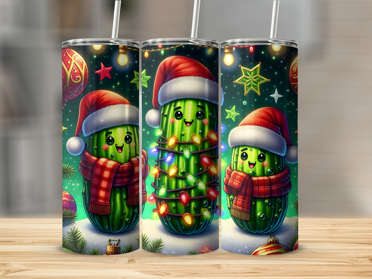 Three stainless steel tumblers display a Christmas design featuring cute pickles wearing Santa hats, scarves, and fairy lights.