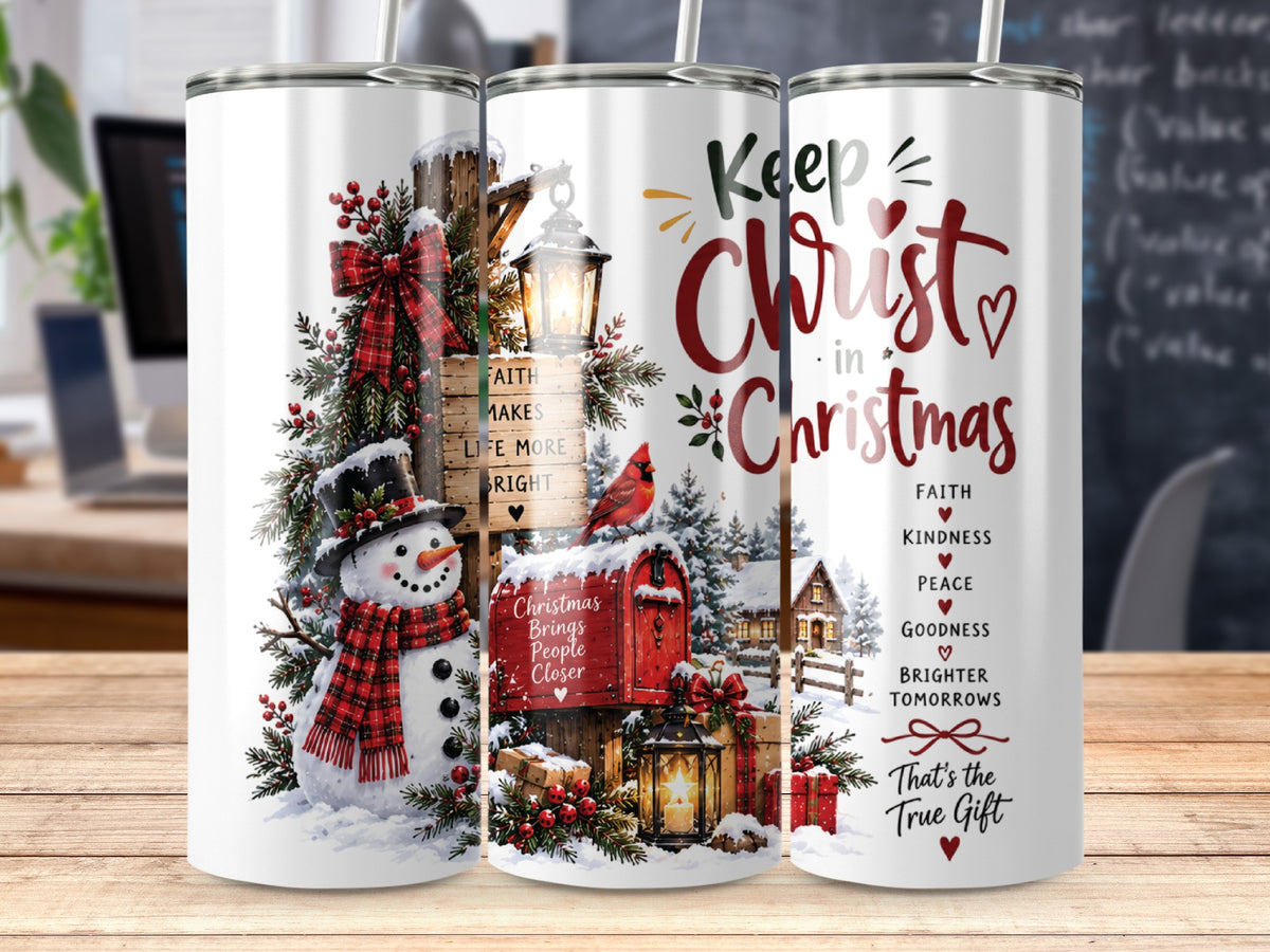 Three white travel tumblers featuring a snowy Christmas scene with a snowman, red mailbox, and holiday text.