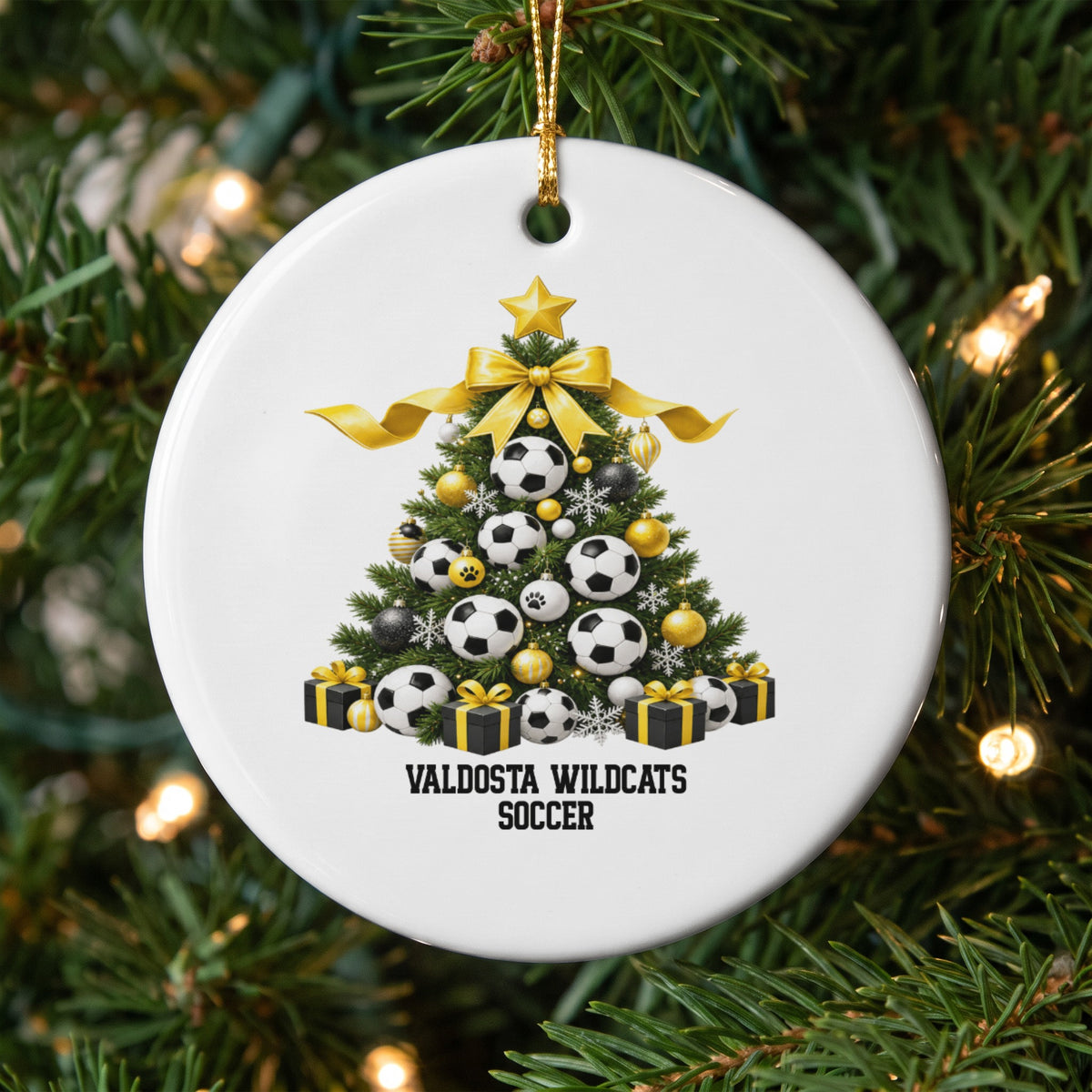 Valdosta Wildcats Soccer ornament featuring a Christmas tree decorated with soccer balls and gifts.