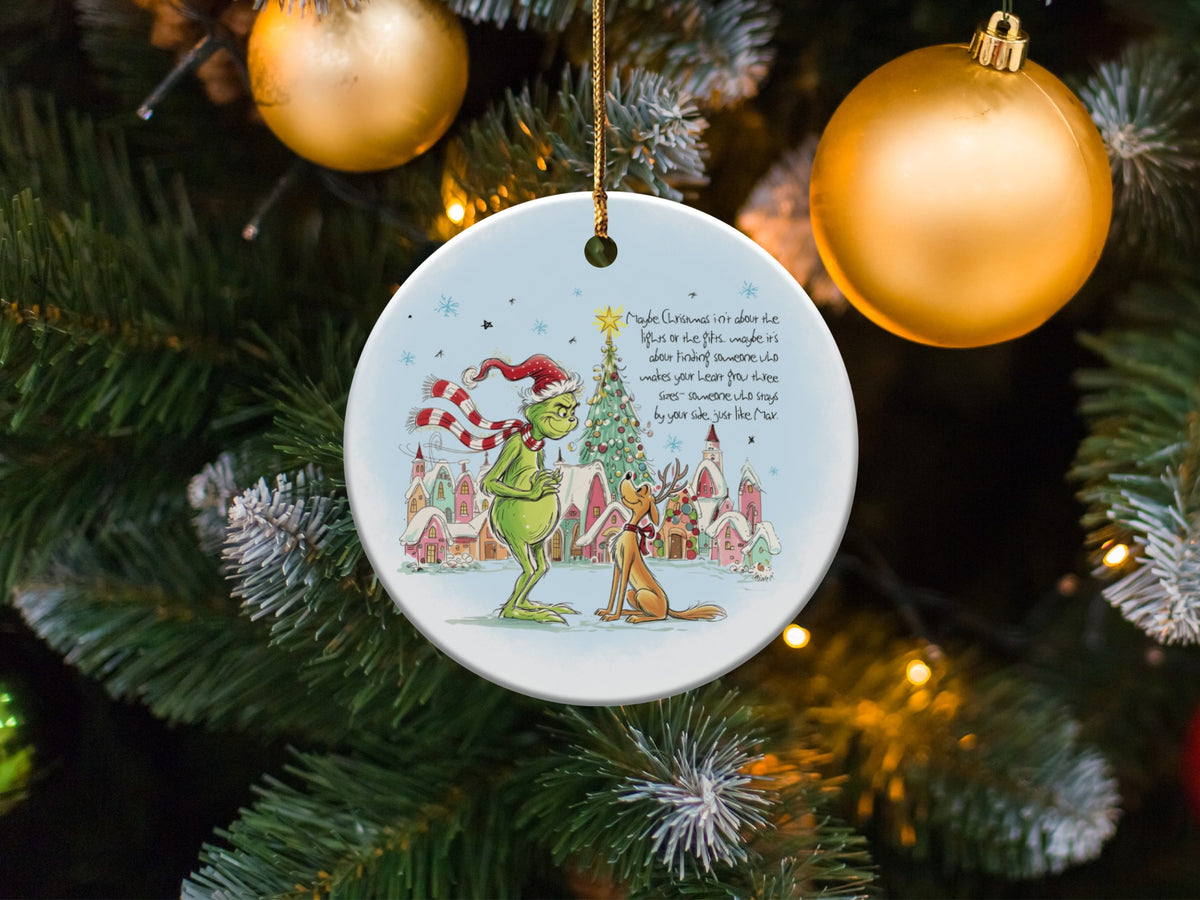 The Grinch and Max ornament features text about Christmas and friendship.