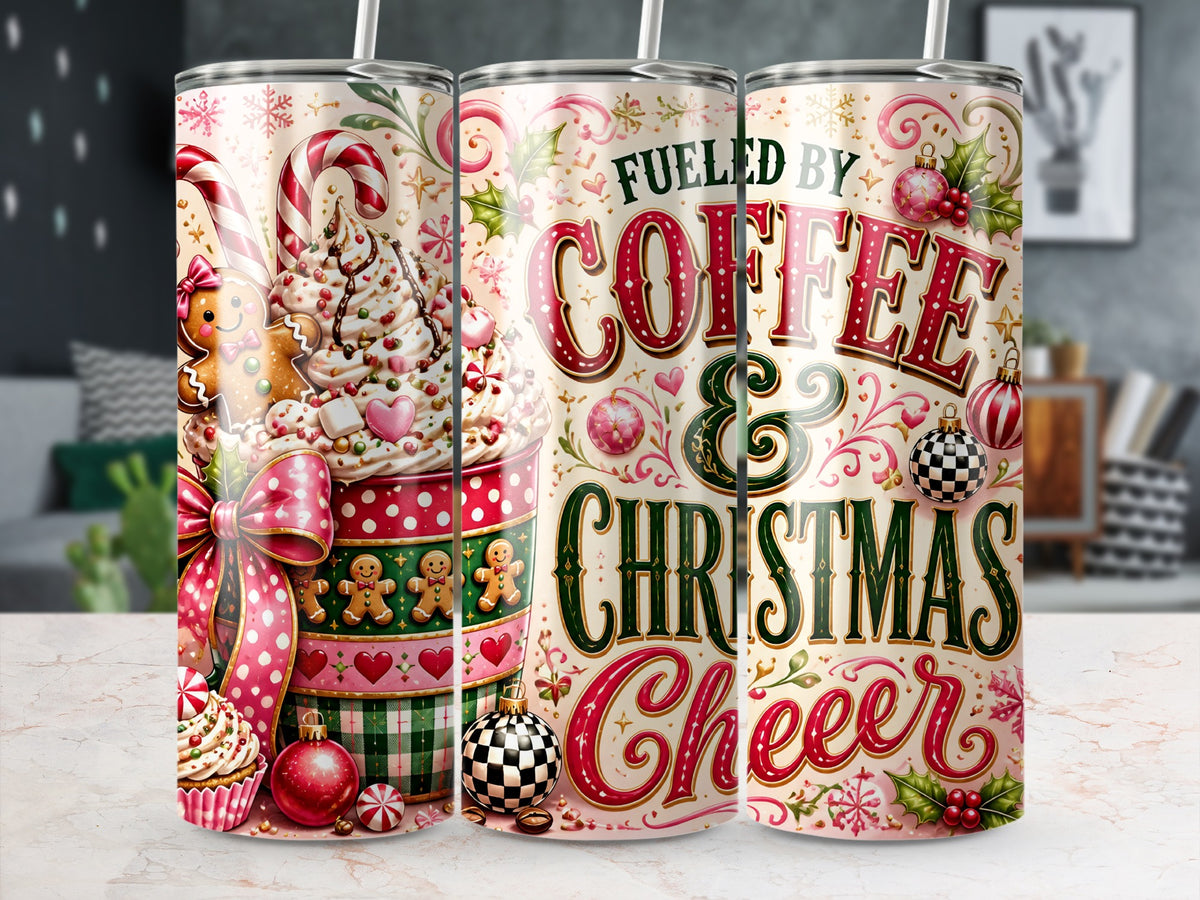 Three views of a stainless steel tumbler featuring a festive design with candy canes, gingerbread, and text reading Fueled by Coffee and Christmas Cheer.