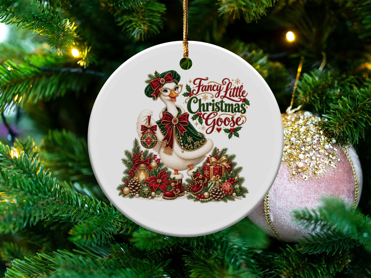Round Christmas ornament featuring a goose with text "Fancy Little Christmas Goose."