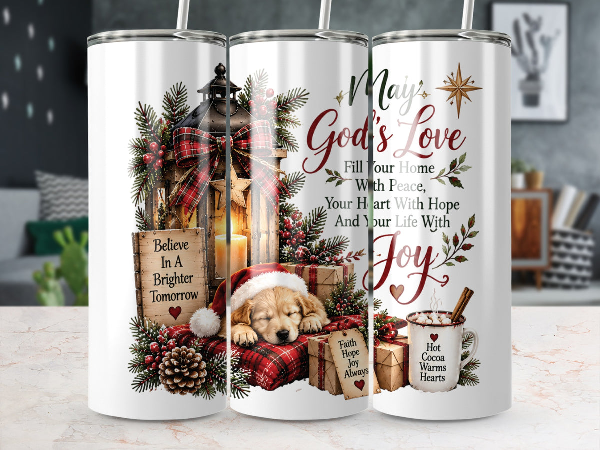 Three white stainless steel tumblers stand on a marble countertop, displaying a holiday-themed design with a sleeping puppy, lantern, and text.