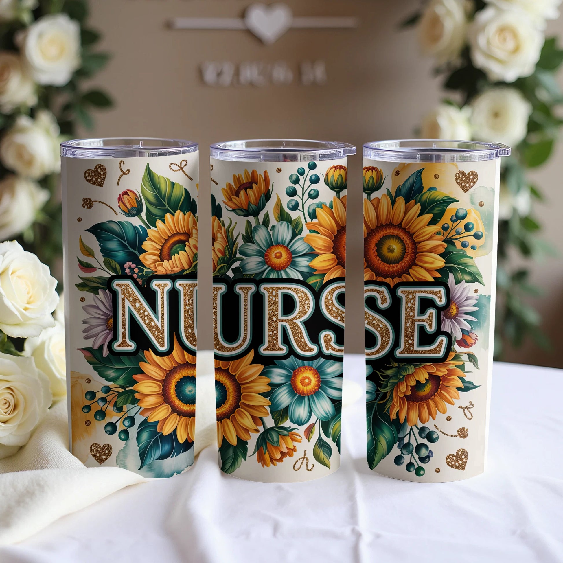 Three nurse tumblers with sunflowers and floral designs.