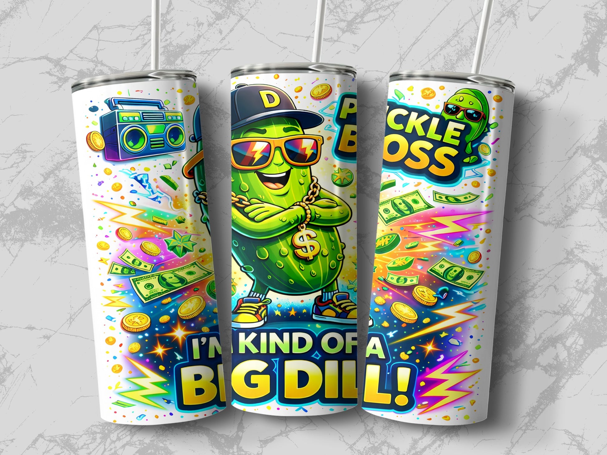 Green pickle character with sunglasses and "I'M KIND OF A BIG DILL!" text.