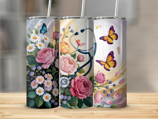 Three stainless steel tumblers with floral and butterfly designs.