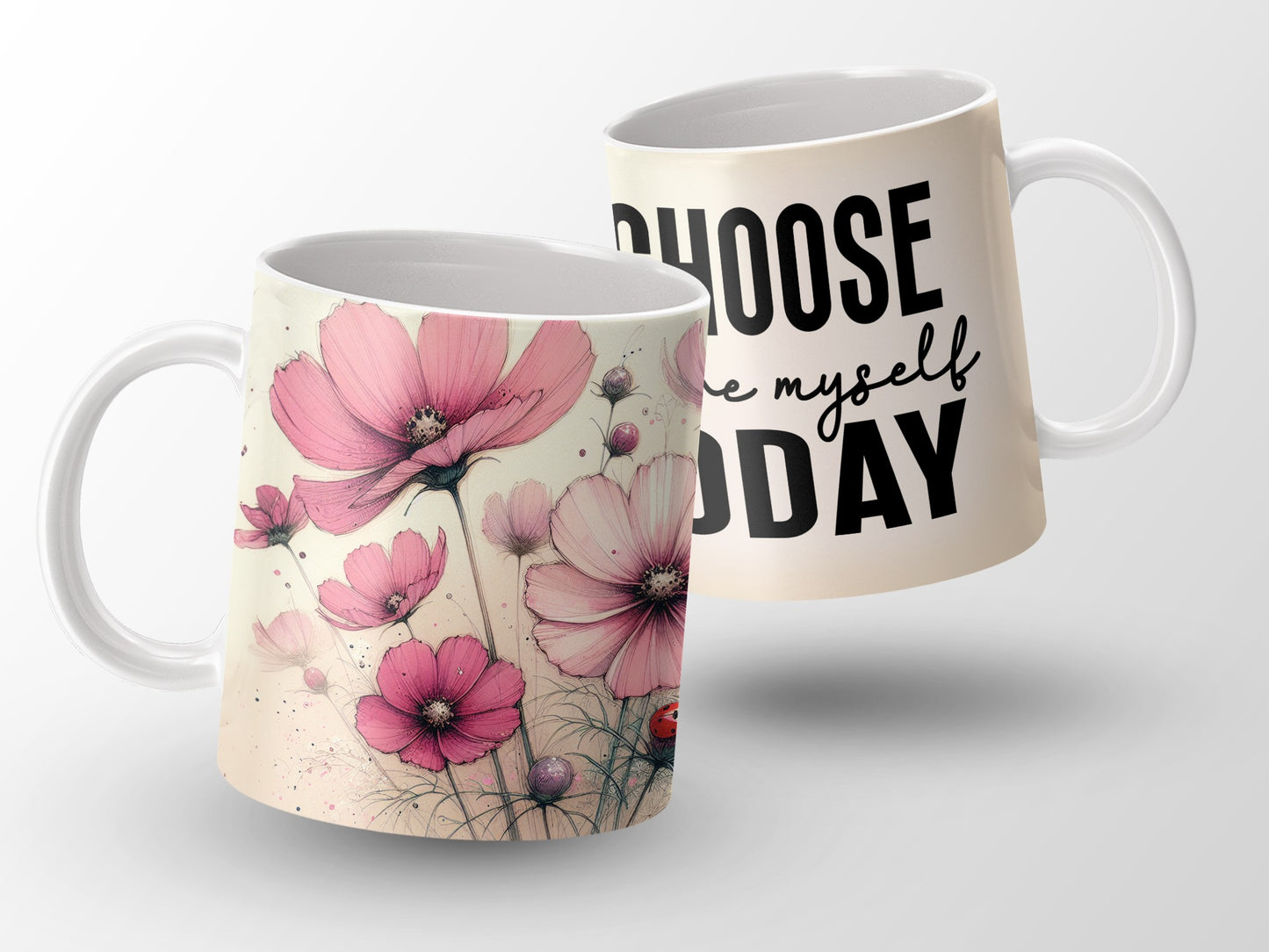 Pink Cosmos Watercolor Choose Myself Today Mug product type
Mug
Coffee mug
Tea mug
Drinkware
Floral design
Pink flowers
Cosmos flowers
Watercolor art
Inspirational quote
Choose Myself Today
Self-love
Positive affirmation
Motivational
Gift mug
Ladybug art
Nature theme
Aesthetic mug
Unique design
Kitchen decor
Home goods