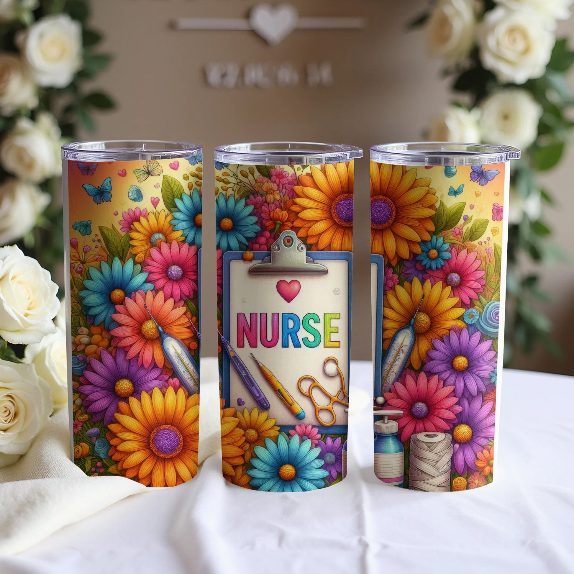 Three floral tumblers with butterflies, featuring a clipboard with "Nurse" text and medical tools.