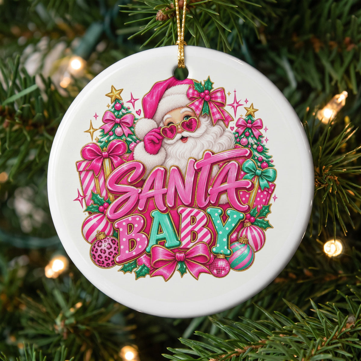 Ornament with "Santa Baby" text, festive Santa, Christmas trees, gifts, and ornaments.