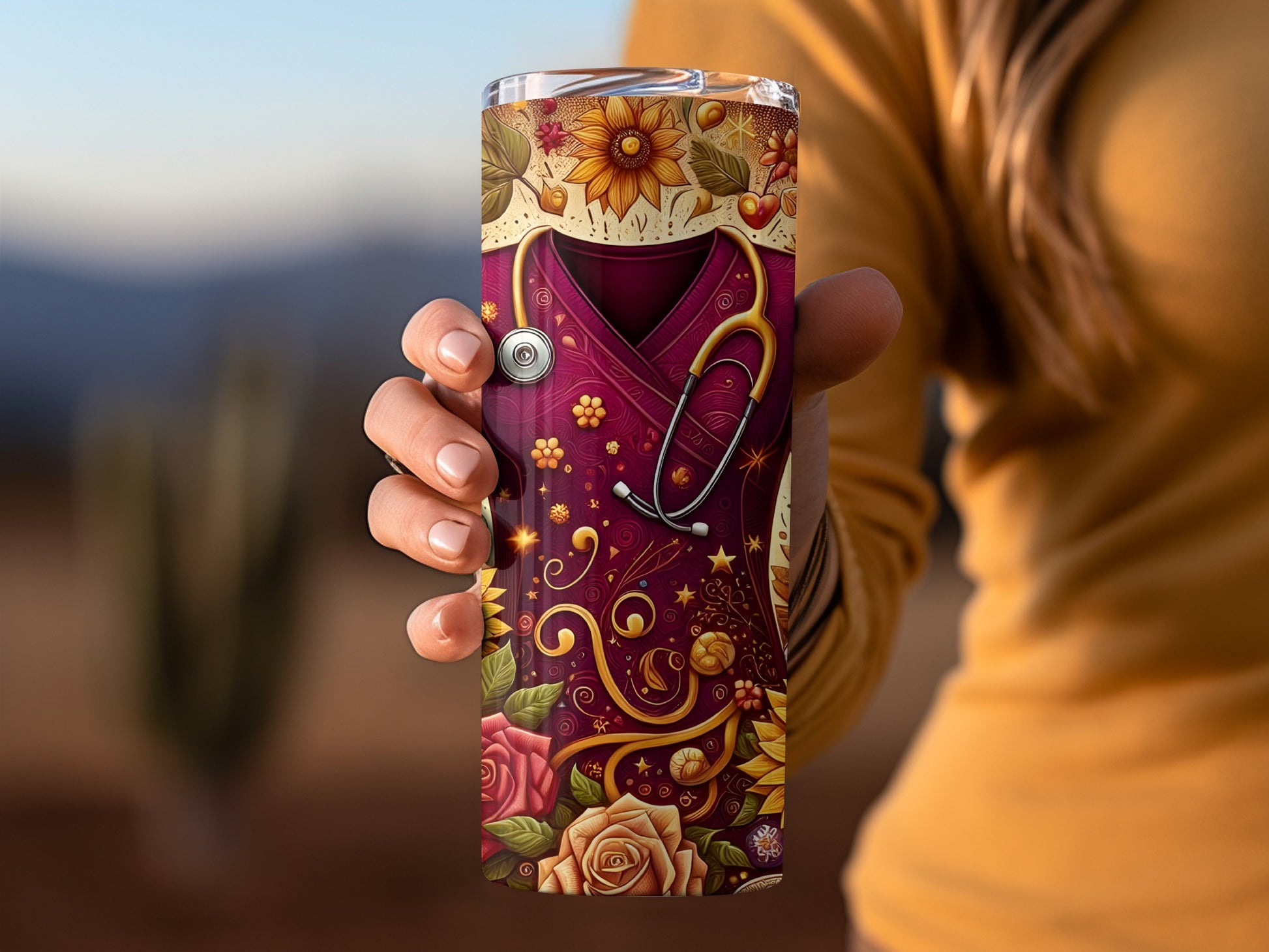 Burgundy tumbler with floral stethoscope design and roses.