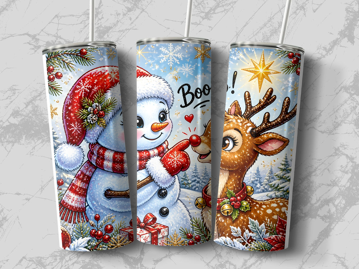 Three stainless steel tumblers feature a wraparound Christmas design showing a snowman touching a reindeer's red nose.